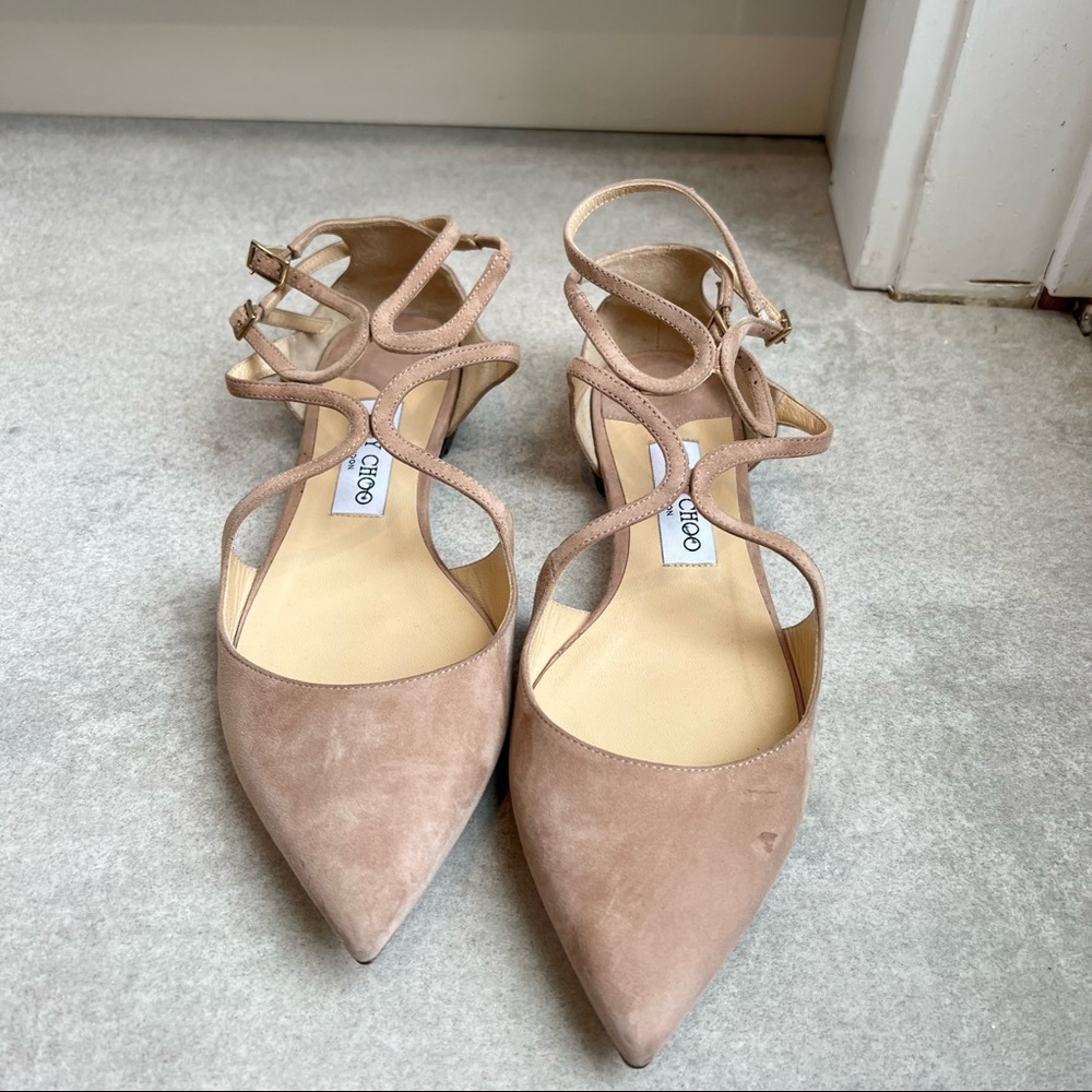 Lancer Jimmy Choo nude strap ballet flats pointed toe suede blush